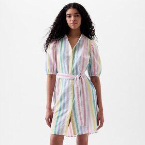 Gap NWT Linen-Cotton Blend Puff-Sleeve Rainbow Striped Mini Shirtdress, L/T